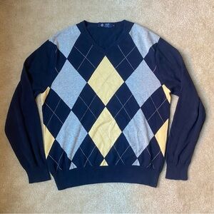 J. Crew Sweater Mens Navy Blue Yellow Argyle V Neck Pullover Preppy Academia - M